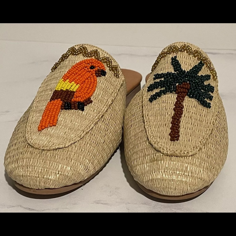 Farm Rio MACAW Womens 7 Tropical Raffia Mules Straw Embroidered Flats Shoes - Picture 5 of 16